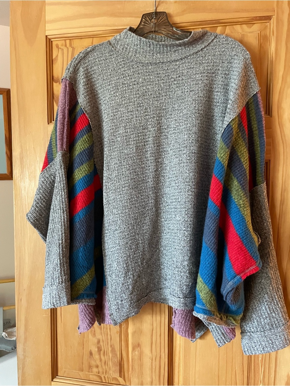 We The Free Gray Crewneck Sweater with Multicolor Striped Balloon Sleeves